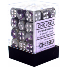 Chessex Gemini 12mm d6 Dice Blocks with pips Dice Blocks (36 Dice) - Purple-Steel w/white