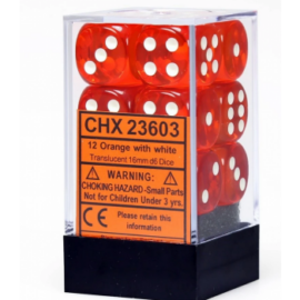 Chessex Translucent 16mm d6 with pips Dice Blocks (12 Dice) - Orange w/white