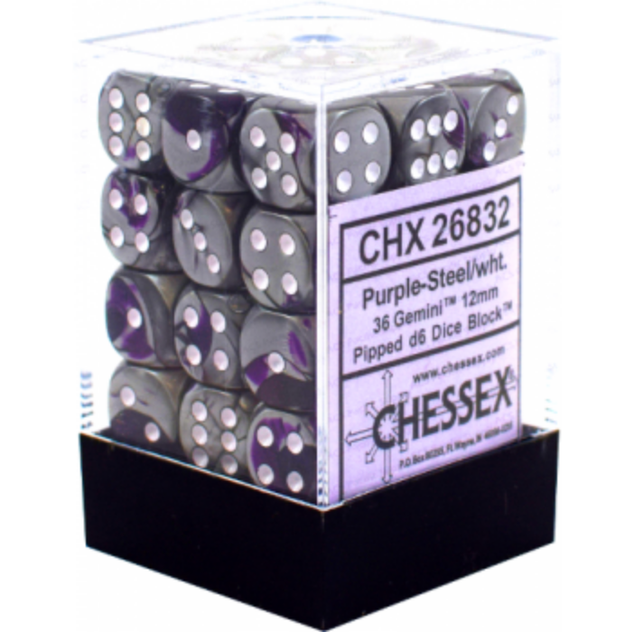 Chessex Gemini 12mm d6 Dice Blocks with pips Dice Blocks (36 Dice) - Purple-Steel w/white