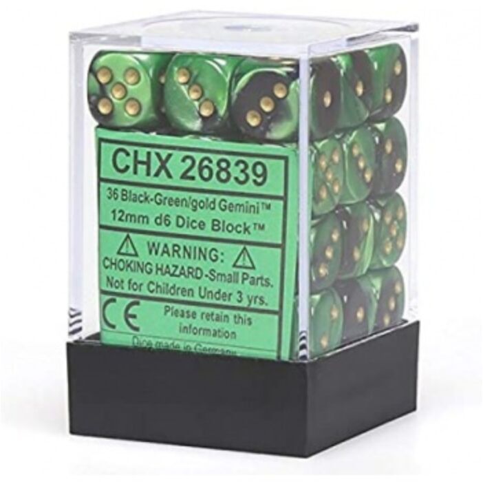 Chessex Gemini 12mm d6 Dice Blocks with pips Dice Blocks (36 Dice) - Black-Green w/gold