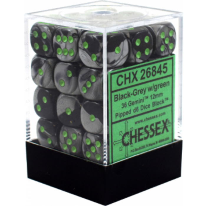 Chessex Gemini 12mm d6 Dice Blocks with pips Dice Blocks (36 Dice) - Black-Grey w/green