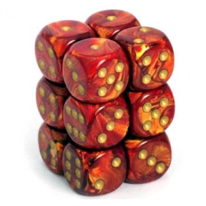 Chessex 16mm d6 with pips Dice Blocks (12 Dice) - Scarab Scarlet w/gold