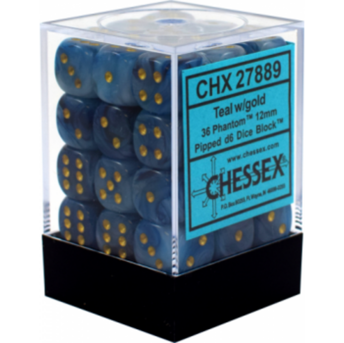 Chessex Signature 12mm d6 with pips Dice Blocks (36 Dice) - Phantom Teal w/gold