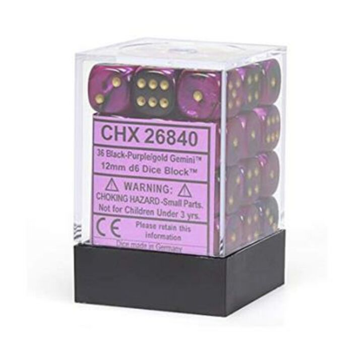 Chessex Gemini 12mm d6 Dice Blocks with pips Dice Blocks (36 Dice) - Black-Purple w/gold