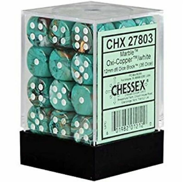 CHESSEX SIGNATURE 12MM D6 WITH PIPS DICE BLOCKS (36 DICE) - MARBLE OXI‑COPPER/WHITE